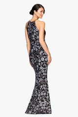 Petite "Denise" Sequin Flower Pattern Floor Length Dress