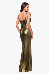Petite "Shayla" Metallic Jersey Corseted Floor Length Dress