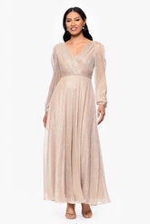 "Cheryl" Long Sleeve V Neck Metallic Knit Floor Length Dress