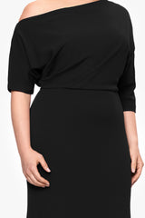 Plus "Madeline" Long Scuba Crepe Off the Shoulder Drop Dress