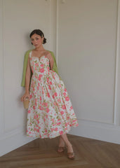 Lottie Basque Waist Floral Midi Dress - White