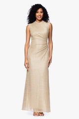 Petite "Bethany" Crinkle Metallic Rouched Floor Length Dress