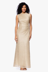 "Bethany" Crinkle Metallic Rouched Floor Length Dress