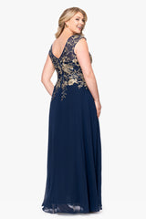 Plus "Maeve" Chiffon Embroidered Bodice Floor Length Dress