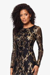 Petite "Nara" Long Sleeve Sequin Placement Gown