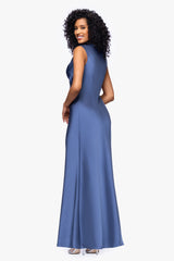 Petite "Amberly" Satin Drape Neck Floor Length Dress
