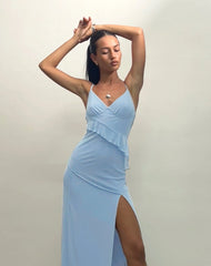 Jacy Ruffle Midi Dress in Mesh Blue
