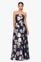 Petite "Lottie" Metallic Jacquard Strapless Floor Length Dress