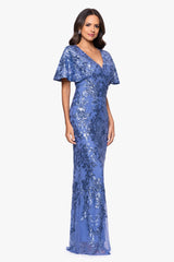 Petite "Paisley" Sequin Mesh Flutter Sleeve V-Neck Floor Length Dress