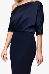 "Ana" Scuba Crepe Satin Drop Shoulder Floor Length Dress