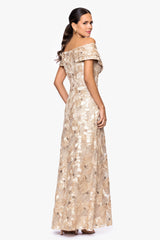 Petite "Teyana" Soutache Sequin Off the Shoulder Floor Length Dress