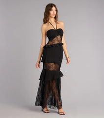 Save the Date Lace Halter Ruffle Maxi Dress