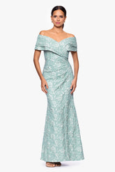 Petite "April" Jacquard Off the Shoulder Floor Length Dress