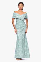 Petite "April" Jacquard Off the Shoulder Floor Length Dress