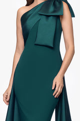 "Rosalie" Scuba Crepe One Shoulder Bow Embellished Floor Length Gown