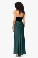Petite "Lynn" Velvet and Satin Strapless Floor Length Gown