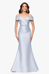 "Zara" Mikado Off the Shoulder Floral Bead Floor Length Dress