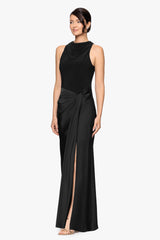 "Amberlynn" Jersey Knit and Satin Draped Floor Length Dress