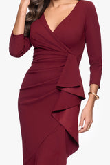 "Pauline" Scuba Crepe 3/4 Sleeve Ruffle Floor Length Dress