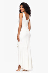 Petite "Candace" Long V- Neck Hi Low Cascade Dress