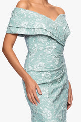 Petite "April" Jacquard Off the Shoulder Floor Length Dress