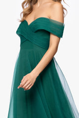 Petite "Paige" Organza Off the Shoulder Floor Length Dress