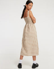 Jocasta Midi Dress in Yellow and Brown Check