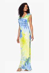 "Isabel" Print Chiffon Cowl Neck Floor Length Dress