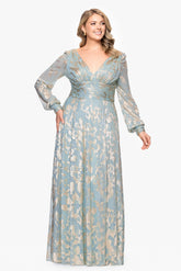 Plus "Melanie" Foil Knit V-Neck Long Sleeve Floor Length Dress