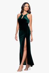 "Lucielle" Velvet Emellished Keyhole Neck Floor Length Dress