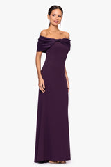 "Michelle" Scuba Crepe Off the Shouler Taffeta Trim Floor Length Dress