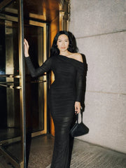 "Hannah" Mesh Rouching Drop Shoulder Long Sleeve Dress