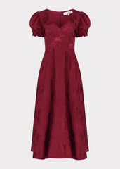 Mila Puff Sleeve Jacquard Floral Satin V-Neck Midi Dress - Burgundy