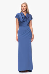 Petite "Rinna" Scuba Crepe and Satin Cowl Neck Floor Length Dress
