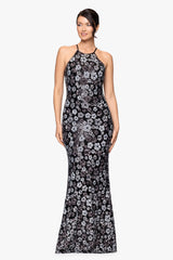 Petite "Denise" Sequin Flower Pattern Floor Length Dress