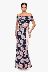 Petite "Georgette" Soutache Off the Shoulder Ribbon Floor Length Dress