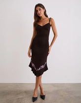 Quelin Midi Dress in Chocolate Brown with Rose Embroidery