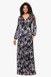Petite "Elisabeth" Foil Print V-Neck Long Sleeve Floor Length Dress