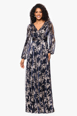 Petite "Elisabeth" Foil Print V-Neck Long Sleeve Floor Length Dress