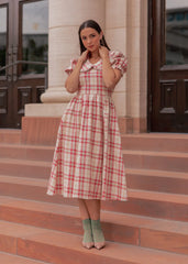 Pyper Oversized Collar Cotton Puff Sleeve Midi Dress - Red Plaid