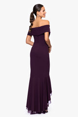 "Aspyn" Scuba Crepe Off the Shoulder Chiffon Ruffle Floor Length Dress