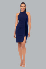 Petite "Mariana" Short Halter Neck Scuba Crepe and Velvet Stripe Dress