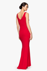 "Candace" Long V- Neck Hi Low Cascade Dress