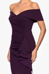"Aspyn" Scuba Crepe Off the Shoulder Chiffon Ruffle Floor Length Dress