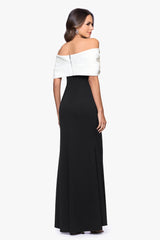 "Michelle" Scuba Crepe Off the Shouler Taffeta Trim Floor Length Dress