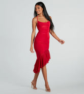 Timeless Allure Cowl Neck Mesh Ruffle Midi Dress