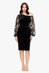 "Verna" Velvet Long Embroidered Sleeves Drop Shoulder Knee Length Dress