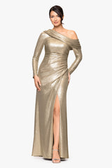 "Lola" Metallic Drop Shoulder Long Sleeve Floor Length Dress