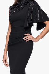 "Persephone" Scuba Crepe Embellished Sashed Floor Length Dress