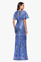 Petite "Paisley" Sequin Mesh Flutter Sleeve V-Neck Floor Length Dress